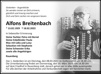 Traueranzeige von Alfons Breitenbach von Fränkische Nachrichten