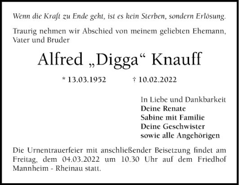  Traueranzeige für Alfred Knauff vom 26.02.2022 aus Mannheimer Morgen