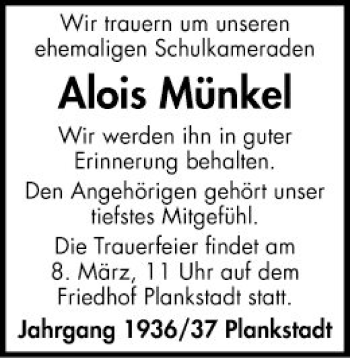 Traueranzeige von Alois Münkel von Schwetzinger Zeitung