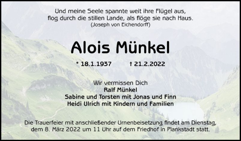  Traueranzeige für Alois Münkel vom 02.03.2022 aus Schwetzinger Zeitung