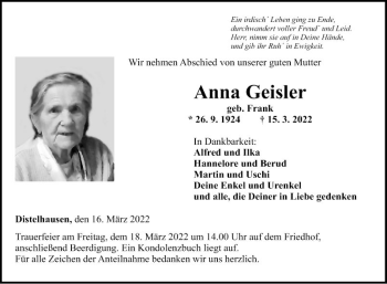 Traueranzeigen von Anna Geisler | Trauerportal Ihrer Tageszeitung