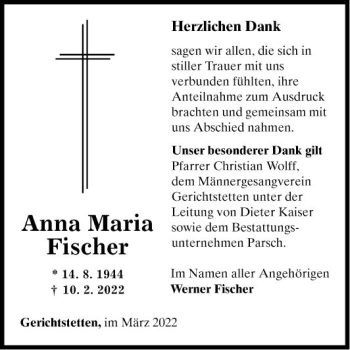 Traueranzeige von Anna Maria Fischer von Fränkische Nachrichten