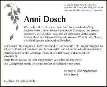 Traueranzeige von Anni Dosch von Fränkische Nachrichten