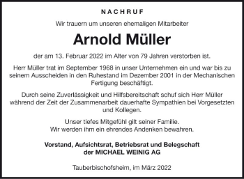 Traueranzeige von Arnold Müller von Fränkische Nachrichten