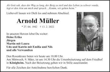 Traueranzeige von Arnold Müller von Fränkische Nachrichten