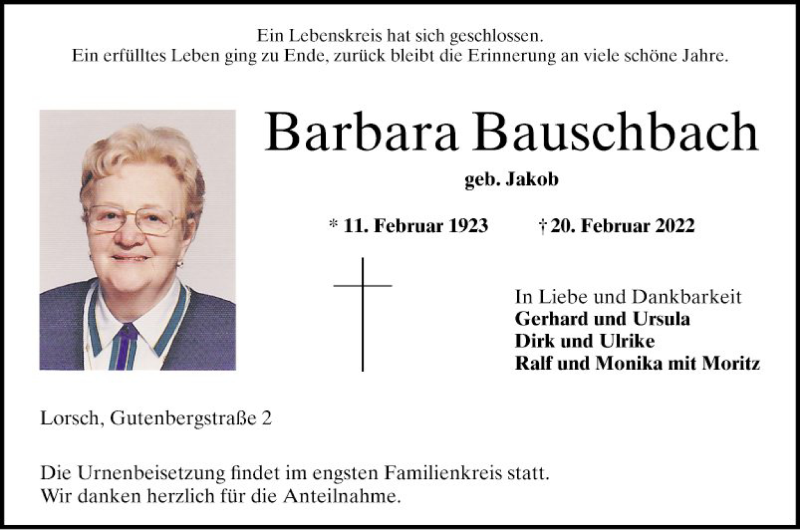  Traueranzeige für Barbara Bauschbach vom 26.02.2022 aus Bergsträßer Anzeiger