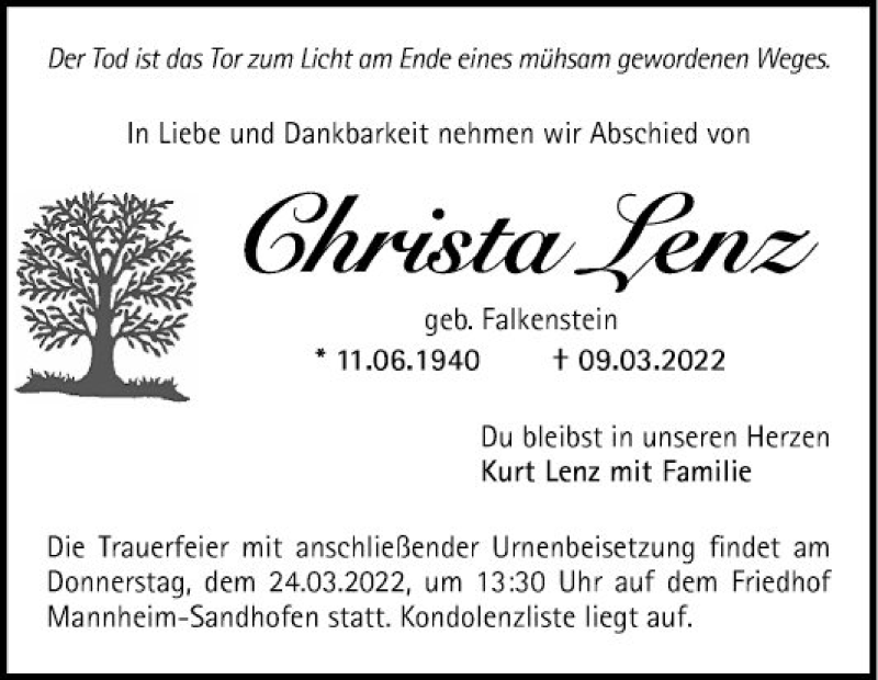  Traueranzeige für Christa Lenz vom 19.03.2022 aus Mannheimer Morgen