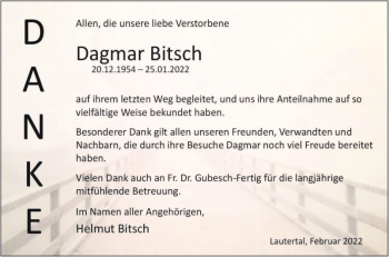 Traueranzeige von Dagmar Bitsch von Bergsträßer Anzeiger