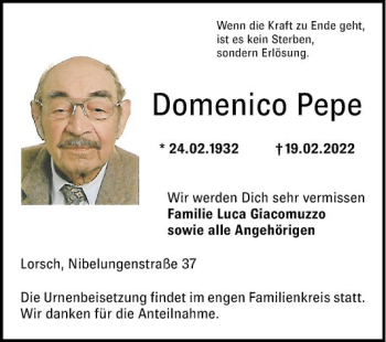 Traueranzeige von Domenico Pepe von Bergsträßer Anzeiger