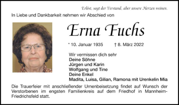 Traueranzeige von Erna Fuchs von Mannheimer Morgen