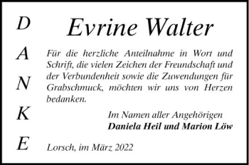 Traueranzeige von Evrine Walter von Bergsträßer Anzeiger