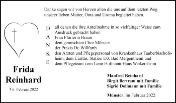 Traueranzeige von Frida Reinhard von Fränkische Nachrichten