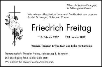 Traueranzeige von Friedrich Freitag von Bergsträßer Anzeiger