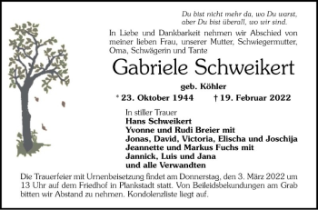 Traueranzeige von Gabriele Schweikert von Schwetzinger Zeitung