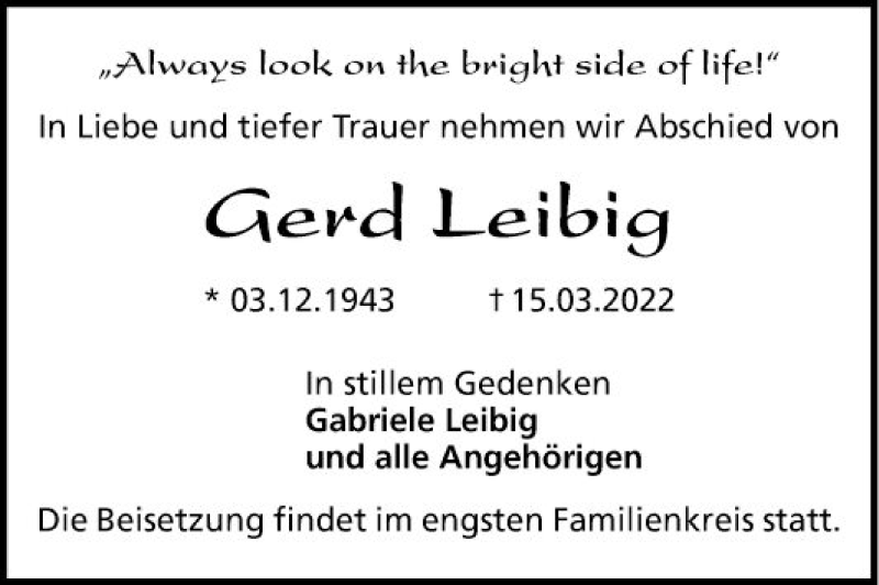  Traueranzeige für Gerd Leibig vom 26.03.2022 aus Mannheimer Morgen