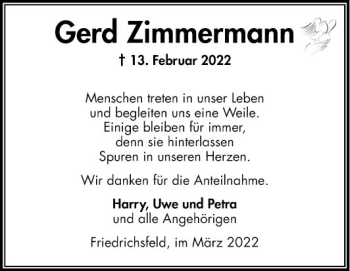 Traueranzeige von Gerd Zimmermann von Mannheimer Morgen