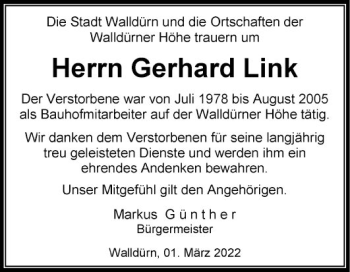 Traueranzeige von Gerhard Link von Fränkische Nachrichten