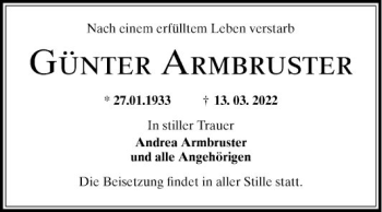 Traueranzeige von Günter Armbruster von Mannheimer Morgen