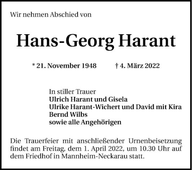  Traueranzeige für Hans-Georg Harant vom 12.03.2022 aus Mannheimer Morgen