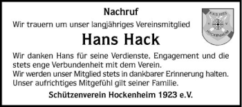 Traueranzeige von Hans Hack von Schwetzinger Zeitung