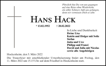 Traueranzeige von Hans Hack von Schwetzinger Zeitung
