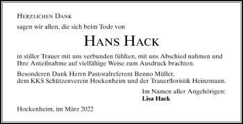 Traueranzeige von Hans Hack von Schwetzinger Zeitung