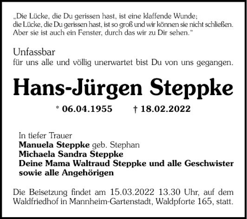  Traueranzeige für Hans-Jürgen Steppke vom 05.03.2022 aus Mannheimer Morgen