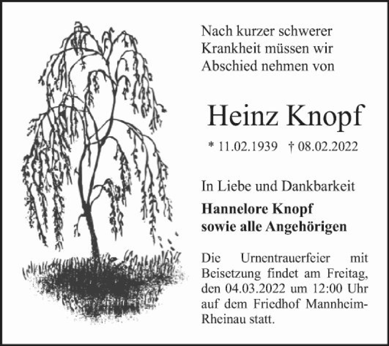  Traueranzeige für Heinz Knopf vom 26.02.2022 aus Mannheimer Morgen