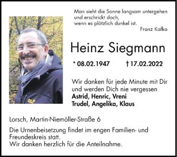 Traueranzeige von Heinz Siegmann von Bergsträßer Anzeiger