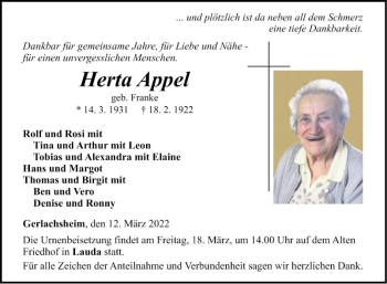 Traueranzeige von Herta Appel von Fränkische Nachrichten