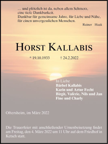 Traueranzeige von Horst Kallabis von Schwetzinger Zeitung