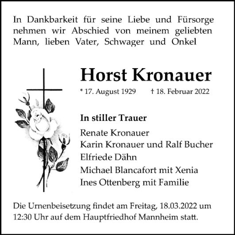  Traueranzeige für Horst Kronauer vom 26.02.2022 aus Mannheimer Morgen