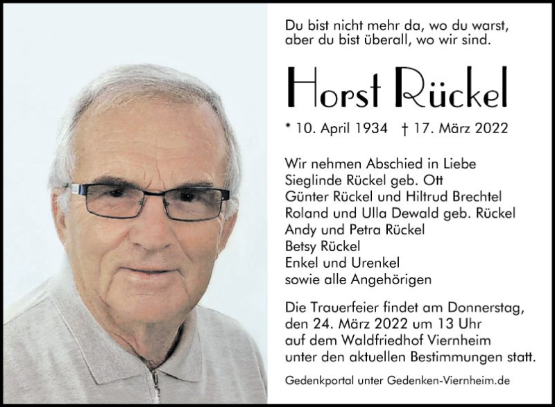  Traueranzeige für Horst Rückel vom 22.03.2022 aus Mannheimer Morgen