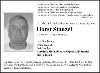 Traueranzeige von Horst Stanzel von Fränkische Nachrichten
