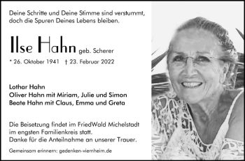 Traueranzeige von Ilse Hahn von Mannheimer Morgen