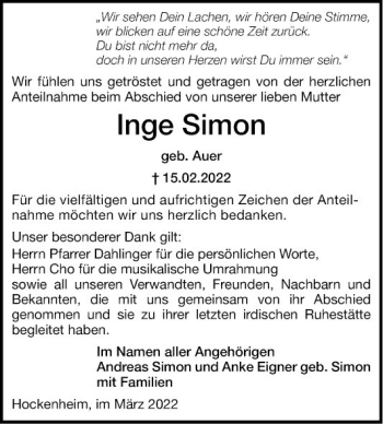 Traueranzeige von Inge Simon von Schwetzinger Zeitung