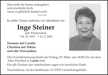 Traueranzeige von Inge Steiner von Fränkische Nachrichten
