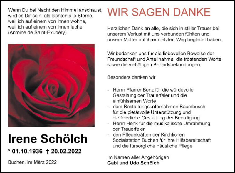  Traueranzeige für Irene Schölch vom 19.03.2022 aus Fränkische Nachrichten