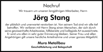 Traueranzeige von Jörg Stang von Mannheimer Morgen