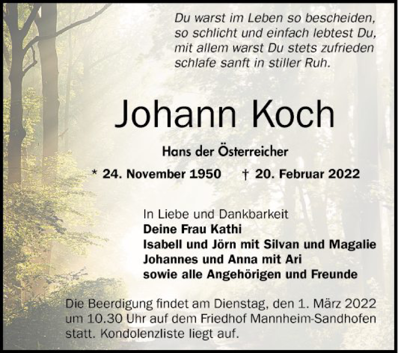  Traueranzeige für Johann Koch vom 26.02.2022 aus Mannheimer Morgen