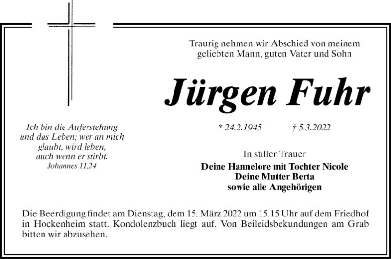  Traueranzeige für Jürgen Fuhr vom 12.03.2022 aus Schwetzinger Zeitung