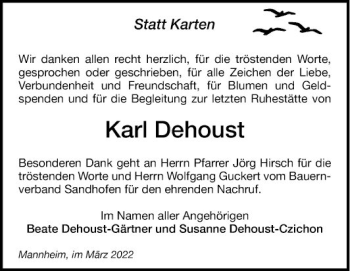 Traueranzeige von Karl Dehoust von Mannheimer Morgen