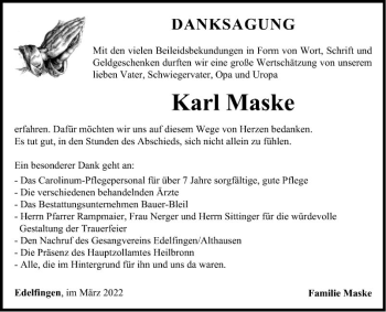 Traueranzeige von Karl Maske von Fränkische Nachrichten
