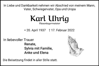 Traueranzeige von Karl Uhrig von Mannheimer Morgen