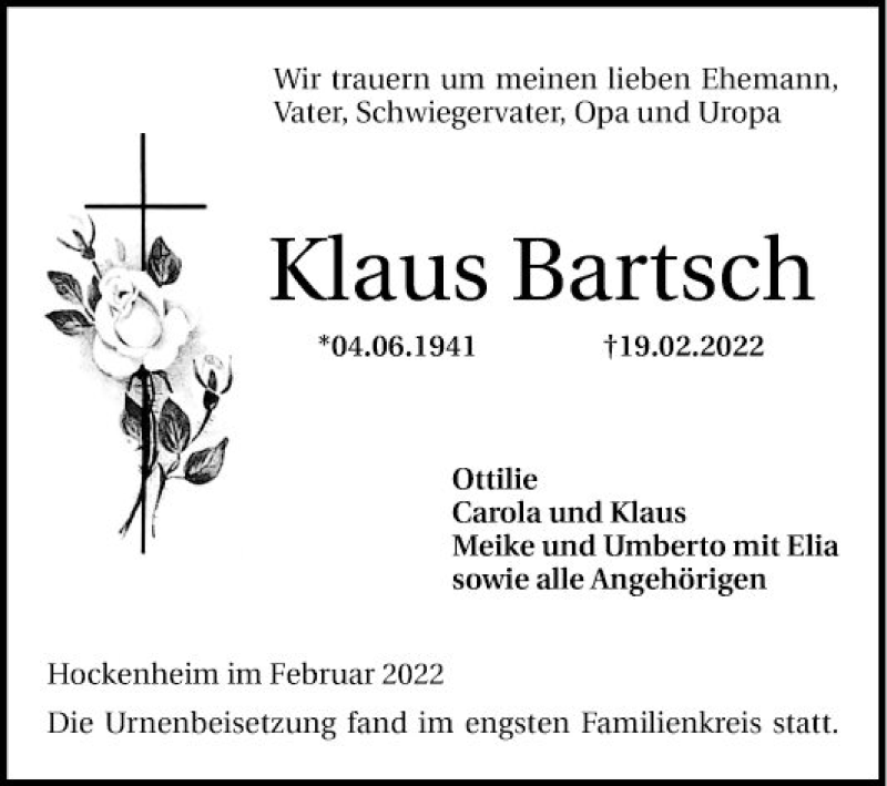  Traueranzeige für Klaus Bartsch vom 26.02.2022 aus Schwetzinger Zeitung