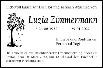 Traueranzeige von Luzia Zimmermann von Mannheimer Morgen