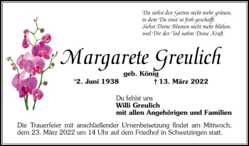 Traueranzeige von Margarete Greulich von Schwetzinger Zeitung