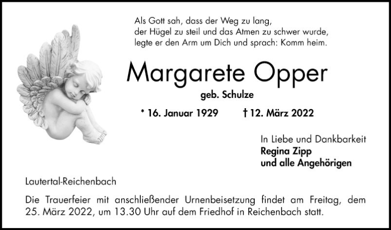  Traueranzeige für Margarete Opper vom 19.03.2022 aus Bergsträßer Anzeiger