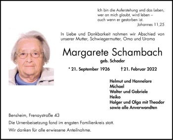 Traueranzeige von Margarete Schambach von Bergsträßer Anzeiger