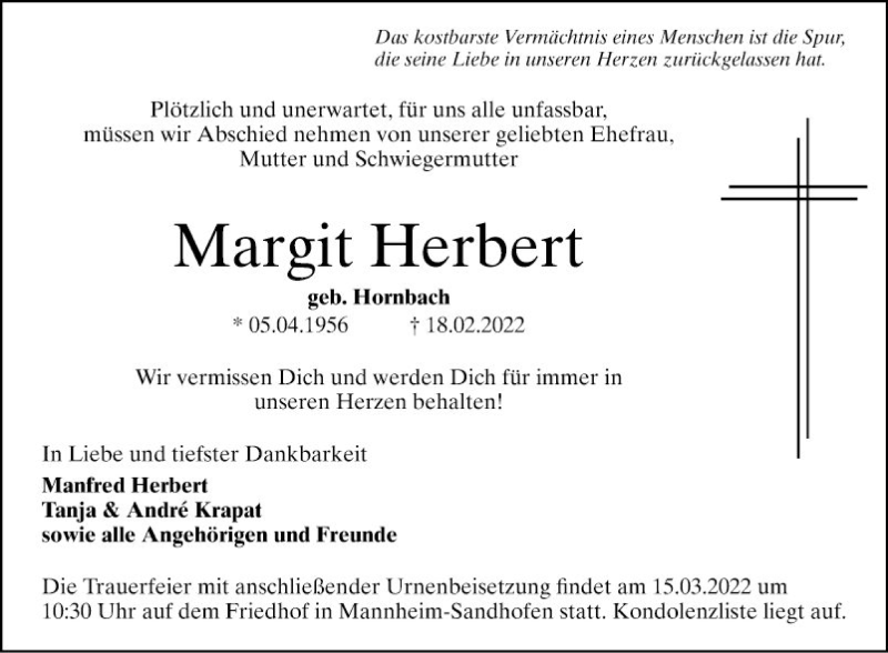  Traueranzeige für Margit Herbert vom 12.03.2022 aus Mannheimer Morgen